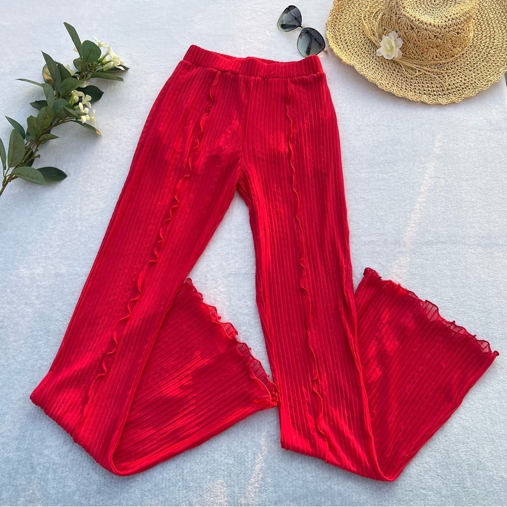 Zara Pink Retro Pants Wide Leg Fuchsia Pleated Ruffled Elastic Waistband